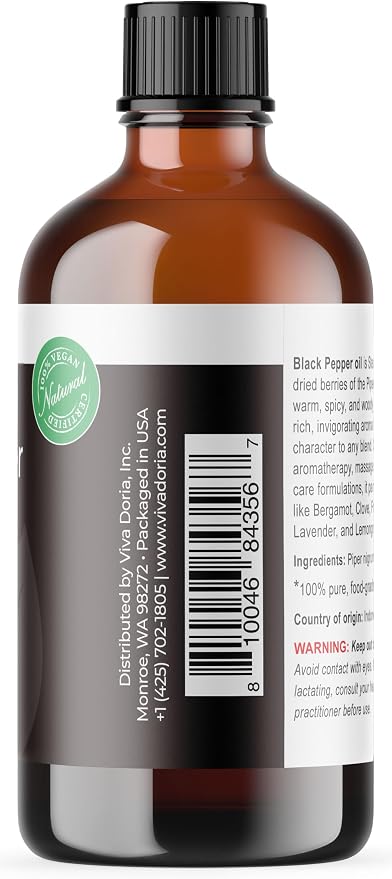 Viva Doria Black Pepper Essential Oil, 100% Pure, Natural Essential Oil, Undiluted, for Aromatherapy | Food Grade, 118 mL (4 Fluid Ounce)
