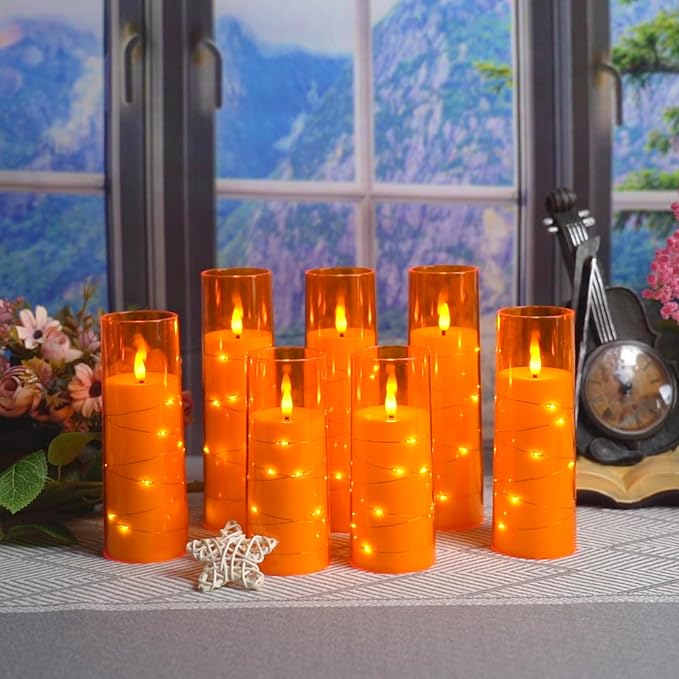 Eebuss Flameless Candles with Embedded Star String, Battery Operated LED Pillar Candles with Timer and Remote Control,Home Decorating for Ambiance, Set of 7 (Orange)
