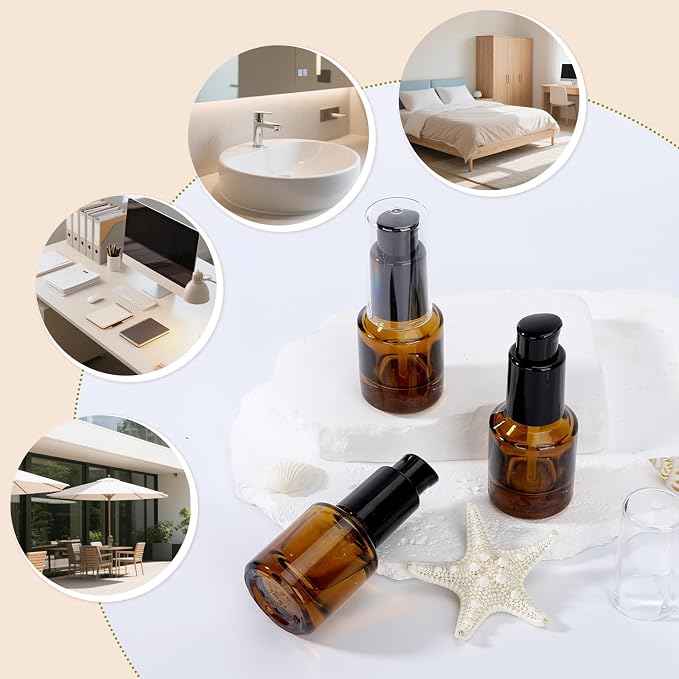 Segbeauty 0.5oz Glass Refillable Travel Bottles, 3pcs Lotion Pump Bottle Dispenser, 15ml Amber Mini Travel Containers for Creams, Lotion Dispenser with Pump, Small Sample Bottle Liquid Container