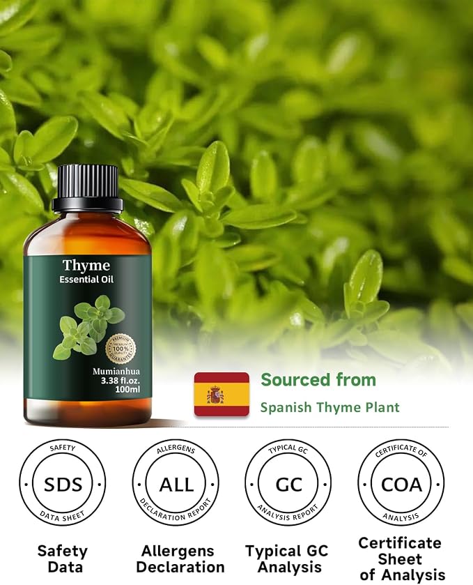 Thyme Essential Oil, Pure Mumianhua Natural Outdoor Shield & Barrier Spray, Herbaceous Aroma for Patio, Garden, Camping, Air Purifying Diffuser, Skin & Hair – 3.38 Fl Oz