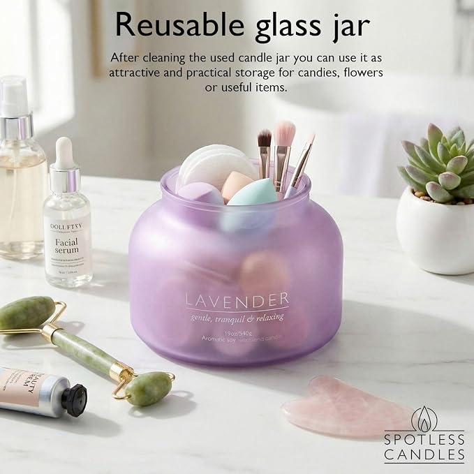 Lavender Candle 19oz Volcano Jar with Wooden Wick Upto 75 Hours Burn Time in a Large 4" x 5" Solid Purple Glass Jar in a Luxury Gold Foil Gift Box