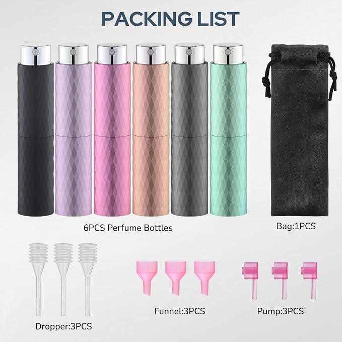 Lulupack Travel Perfume Bottle Refillable - Cologne Spray Atomizer Mini - Small Travel Size Empty Sprayer for Refill Sample Container - Portable Fragrance Decant Dispenser for Women Men 8ml 6PCS Matte
