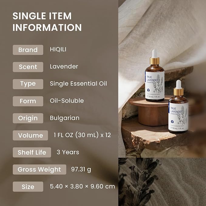 HIQILI Lavender Essential Oil Set-1 fl oz (12 Pack), Bulk Wholesale for Business, for Diffusing, DIY & Body Care, Ideal for Hotel, Beauty Salon, Craft Studio, Holiday Gift & Home Use