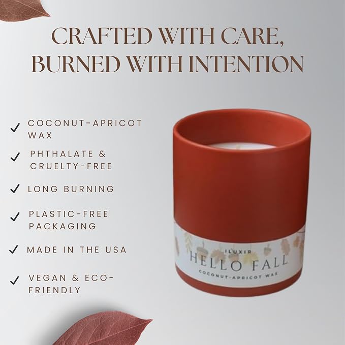 Hello Fall Luxury Candle – Apple Cinnamon, Nutmeg, Clove & Vanilla – Handcrafted Vegan Coconut Wax, Phthalate-Free, Cruelty-Free – Autumn Scented Candle for Home Décor & Gifting (13 oz.)