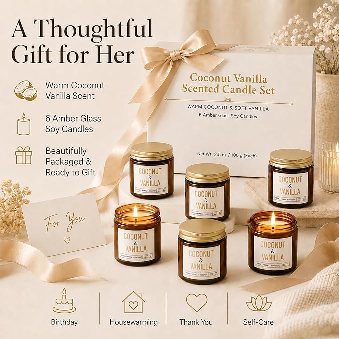 Coconut Vanilla Candles, 6 Pack Scented Candles 3.5 oz Each, 21 oz Total Soy Candles in Amber Glass Jars, Aromatherapy Candle Set for Home, Bathroom, Gifts for Women and Mom