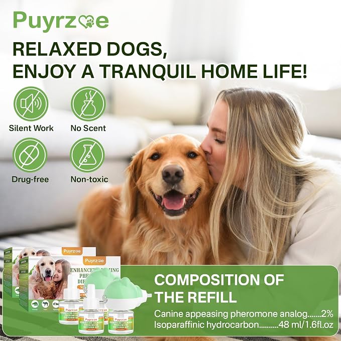 puyrzoe Dog Calming Diffuser with Timing Functions, 6-in-1 Dog Anxiety Relief Diffuser Kit, 120-Day Anxiety Relief, Stress Relaxation Pheromones Calming for All Dogs (2 Diffusers + 4 Refills)