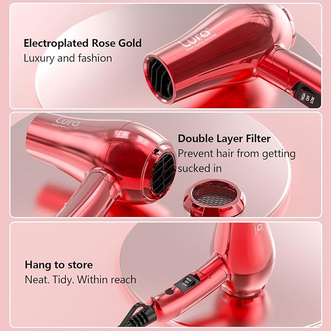LURA Auto Dual Voltage Travel Hair Dryer with Diffuser,Travel Blow Dryer Mini with EU Plug and UK Plug,Lightweight Portable Hairdryers with Folding Handle,1200W Compact Small Blowdryers for Women(Red)