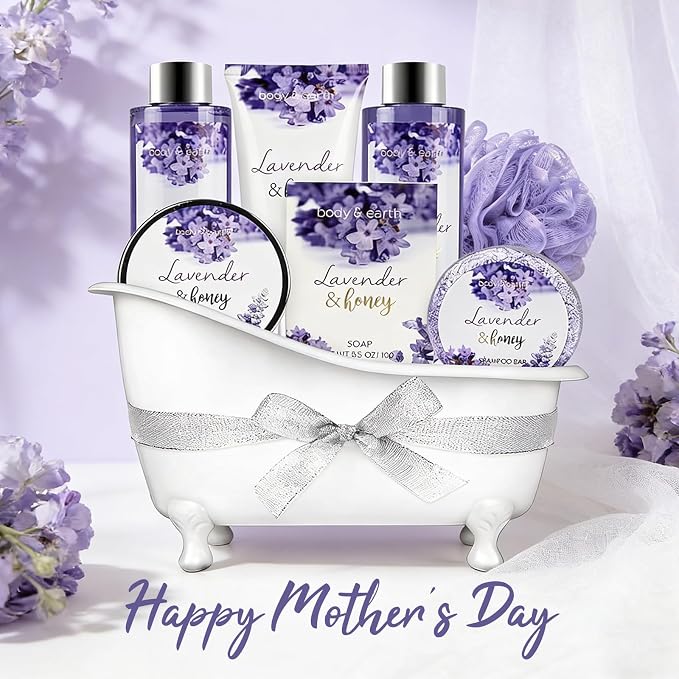 Bath and Body Gift Set - Lavender Gifts for Women, Body & Earth Bath & Shower Sets, 8 Pcs Lavender Honey Gift Sets with Bubble Bath, Lotion Set, Soap, Spa Kit for Women, Christmas Gifts for Mom