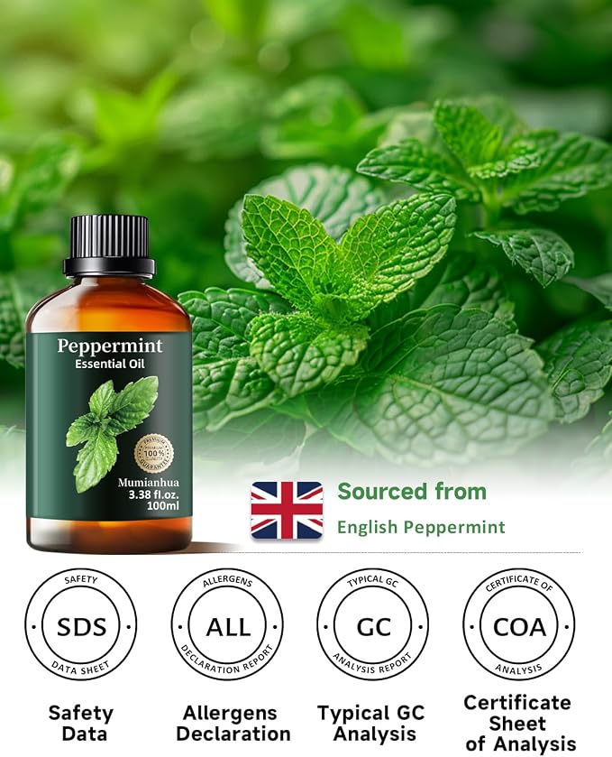 Peppermint Essential Oil, Pure Mumianhua Natural Oil for Energy Focus & Cooling Comfort, Aromatherapy for Diffuser, Outdoor Protective Barrier, Skin, Hair, Natural Cleaning – 3.38 Fl Oz