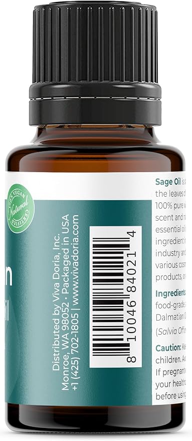 Viva Doria Sage Essential Oil, 100% Pure, Natural, Dalmatian Sage Essential Oil, Undiluted, for Aromatherapy | Food Grade, 15 mL (0.5 Fluid Ounce)