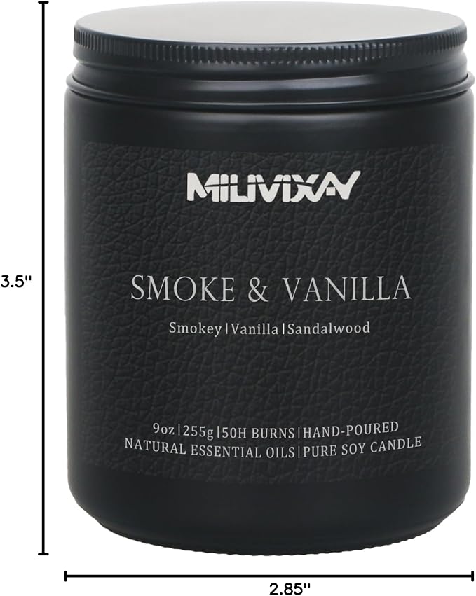MILIVIXAY Candle for Men Smoke & Vanilla Scented Classic 9oz Jar Single Wick Candle, Soy Wax Candles for Consistent Burn, Over 50 Hours of Burn Time, Ideal for Creating Relaxing & Holiday Gifting.