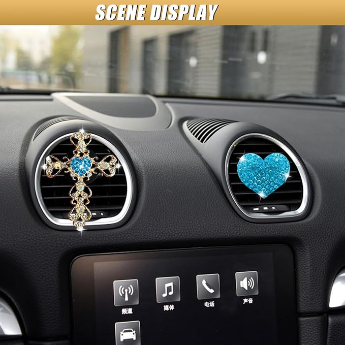 2PCS Bling Cross & Heart Car Dashboard Air Vent Trim Clip, Sparkly Rhinestone Car Air Vent Clips, Diamond Auto Diffuser Charm Clip, Auto Interior Decoration Accessory for Women Girls (Blue)