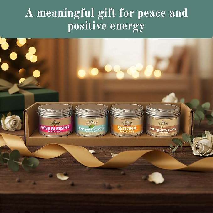 Smudge Candle Gift Set (4x6oz) – Love, Grounding, Cleansing & Awakening – Soy Wax Energy Candles – Sage, Rose, Palo Santo & Sedona – Spiritual for Protection, Intention & Healing – Made in USA