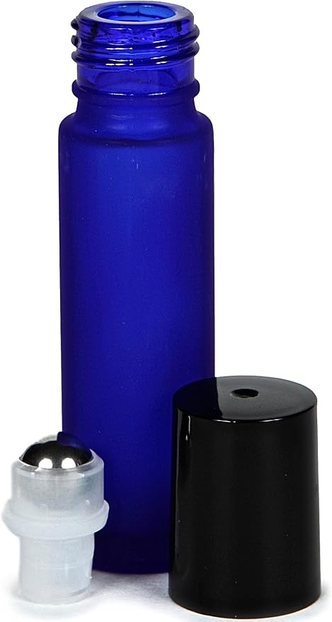 Vivaplex, 24, Frosted, Cobalt Blue, 10 ml Glass Roll-on Bottles with Stainless Steel Roller Balls. 3-3 ml Droppers included