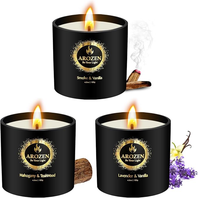 3 Pack Candles for Home Scented, Scented Candles Gifts Set for Men, Aromatherapy Soy Candle of Lavender, Mahogany Teakwood & Smoke Vanilla, Gifts for Men Fathers Day Valentine's Day Present