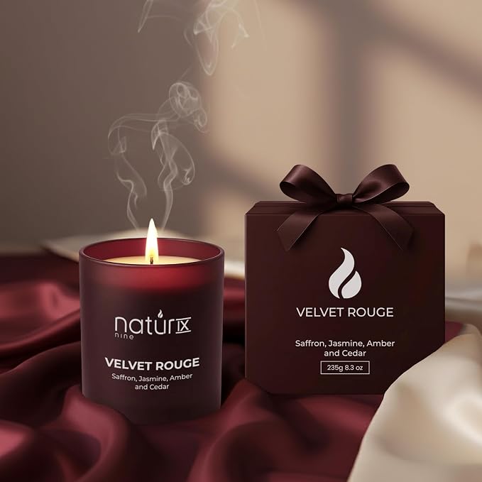 Natur IX Velvet Rouge Scented Valentine Candle for Her, Girfriend, Wife - Romantic Candles - Cedarwood, Saffron, Jasmine & Amber - Natural Non Toxic Soy Candles with Essential Oils - 50H Long Burning