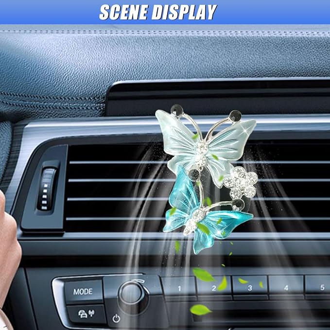ZIMISI Car Vent Clip, Dual Butterfly Air Vent Clips, Bling Diamond Car Diffuser Clips, Cute Air Conditioning Outlet Decoration, Butterfly Car Accessories for Women (1Pc/Blue)