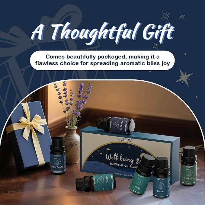 WUSEONY Well-Being Essential Blends Oils Set, Aromatherapy Oils Gift Set for Diffusers Home, Fragrance Oil Scent for Candle Soap Making - Happy, Calm Mind, De-Stress, Relax, Focus, Sweet Dreams