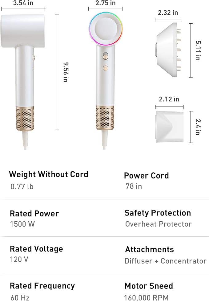 High-Speed Hair Dryer, 160,000 RPM Brushless Motor for Ultra-Fast Drying, 500M Ionic Negative for Frizz Reduce, Low Noise Thermo-Control Blow Dryer with Diffuser for Curly Hair Women and Men,White