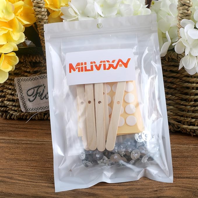 MILIVIXAY 3.5" Candle Wick Bundle: 100PCS Candle Wicks, 100PCS Candle Wick Stickers and 6PCS Wooden Candle Wick Holders - Wicks Coated with Paraffin Wax, Cotton Wicks Kits for Candle Making.