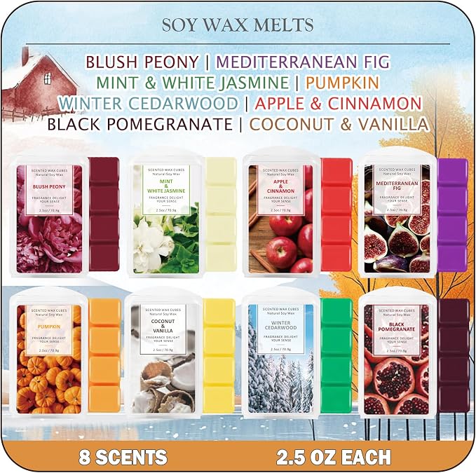 SCENTORINI Wax Melts, Summer Scented Wax Melts, Vanilla & Coconut, Apple & Cinnamon, Pumpkin, Mint & White Jasmine, Winter Cedarwood, Black Pomegranate, Mediterranean Fig, 8x2.5 oz