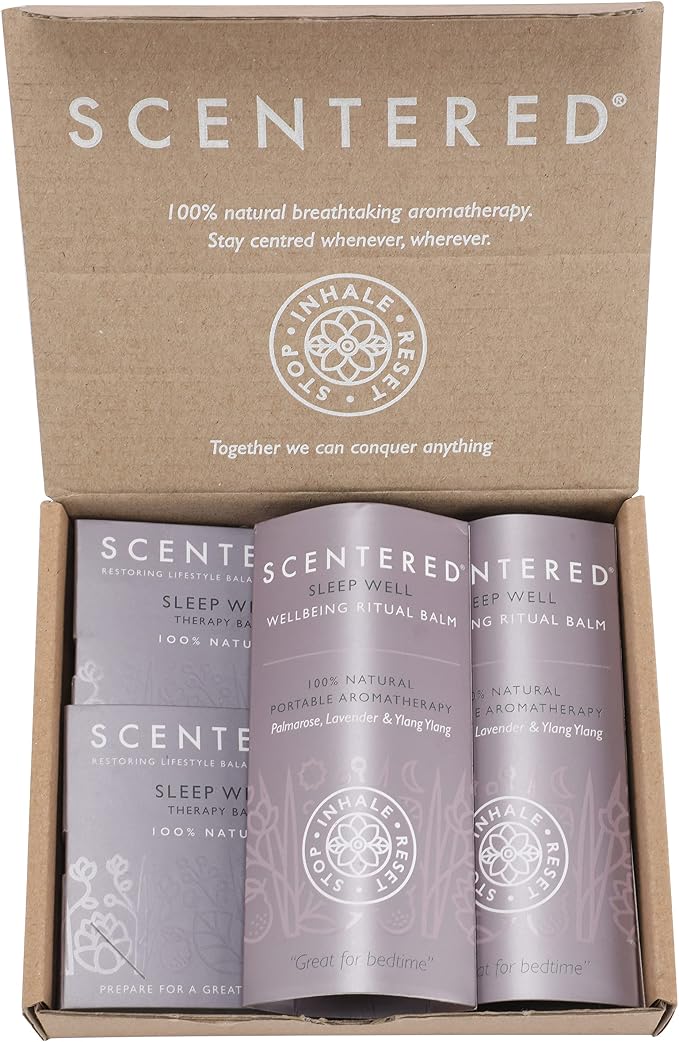 Scentered Sleep Well Aromatherapy Essential Oils Balm Saver Bundle - 2 x 5g Balms & 2 x Mini Travel Balms - for Restful Sleep - Natural Blend of Lavender, Chamomile, Ylang Ylang