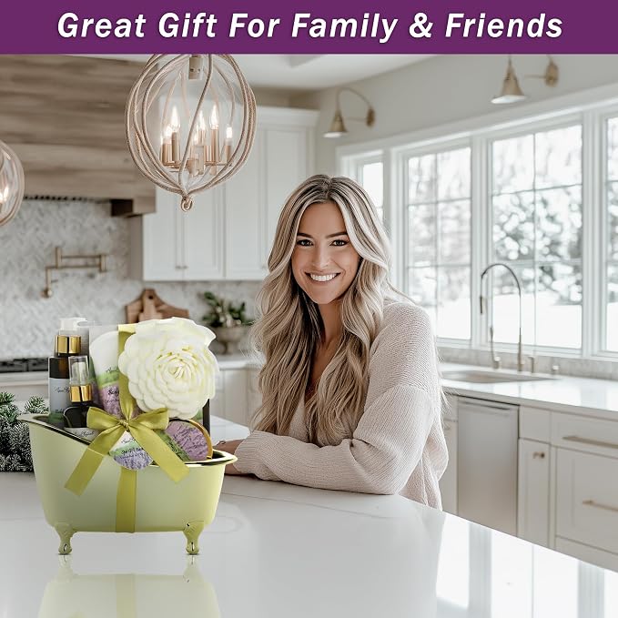 Aqua Elegante Spa Gift Basket - Luxury Bath Set with Body Wash, Bubble Bath, Lotion, Salts, Scrub, Spray, Shower Puff, Towel, Gifts for Women, Mom, Wife, Her - Lavender & Tea Tree Oil