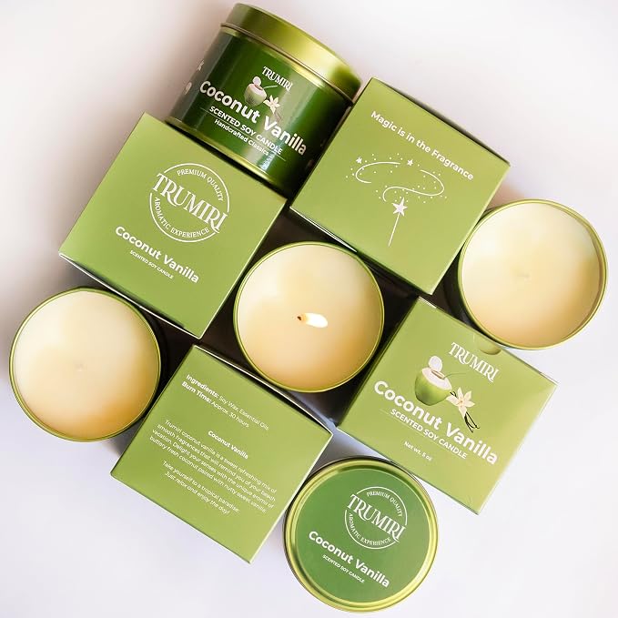 Coconut Vanilla - Aromatherapy Candles for Home Scented - 5oz Natural Soy Wax Clean Organic Non Toxic - Long Lasting Highly Scented with Essential Oils - Gifts for Women Relaxing Spa Beach Bathroom