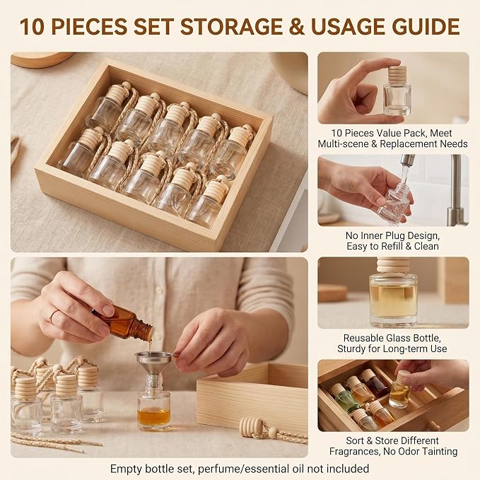 10 Pcs 5ml/0.17oz Hanging Car Air Freshener Bottles, Empty Clear Glass Diffuser Vials with Natural Wood Cap & Adjustable Rope, Refillable Car Perfume Pendant for Aromatherapy Fragrance Home Office