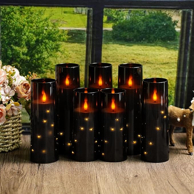 Eebuss Flameless Candles with Embedded Star String, Battery Operated LED Pillar Candles with Timer and Remote Control,Home Decorating for Ambiance, Set of 7(Black)