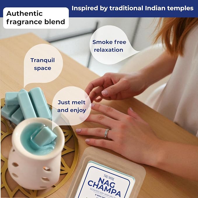 TRUMIRI Nag Champa Scented Wax Melts - Made with Non Toxic Soy Wax and Essential Oils - Long Lasting Strong Scent Pet Safe Candle Wax Cubes Tarts for Warmers Pack of 4