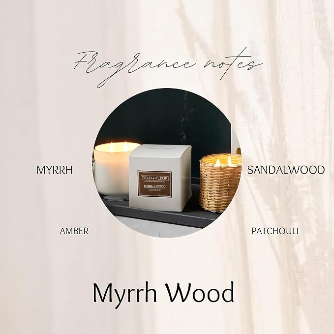 Field + Fleur - Reed Diffuser Set - Home Fragrance Diffuser - Refresh Home, Bedrooms, Bathrooms & More - Notes of Patchouli, Myrrh, Amber & Sandalwood - Made in the USA - Myrrh Wood Scent - 4 oz