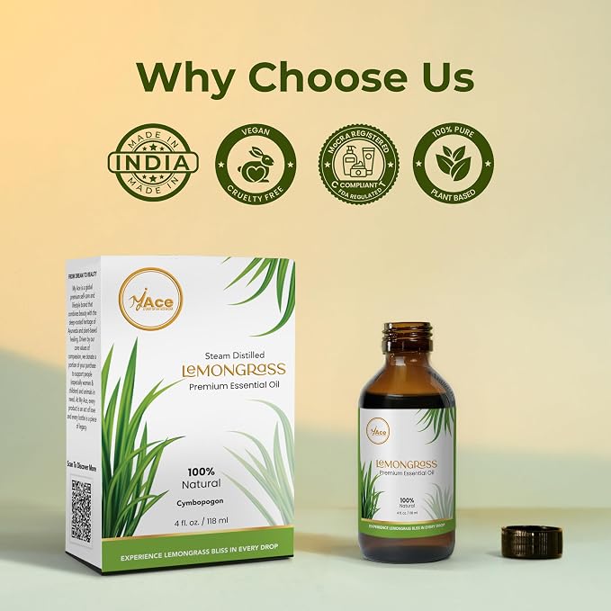 My ACE Lemongrass Essential Oil 4 Fl Oz - Pure & Natural - Premium Grade for Aromatherapy, Diffuser, Skin, Hair, Massage, Candle & Soap Making, Home - Glass Bottle with Dropper - Long Lasting Scent