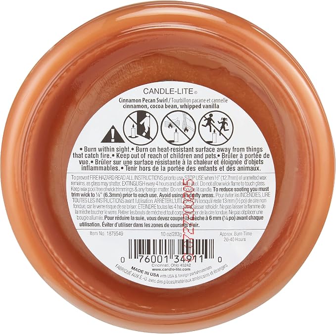 Candle-lite Scented Candles, Cinnamon Pecan Swirl Fragrance, One 10oz. 3-Wick Aromatherapy Candle with 20-40 Hours of Burn Time, Brown Color