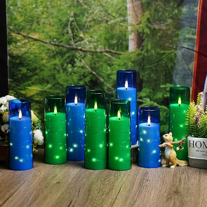 Eebuss Flameless Candles with Embedded Star String, Battery Operated LED Pillar Candles with Timer and Remote Control,Home Decorating for Ambiance, Set of 7 (Blue)