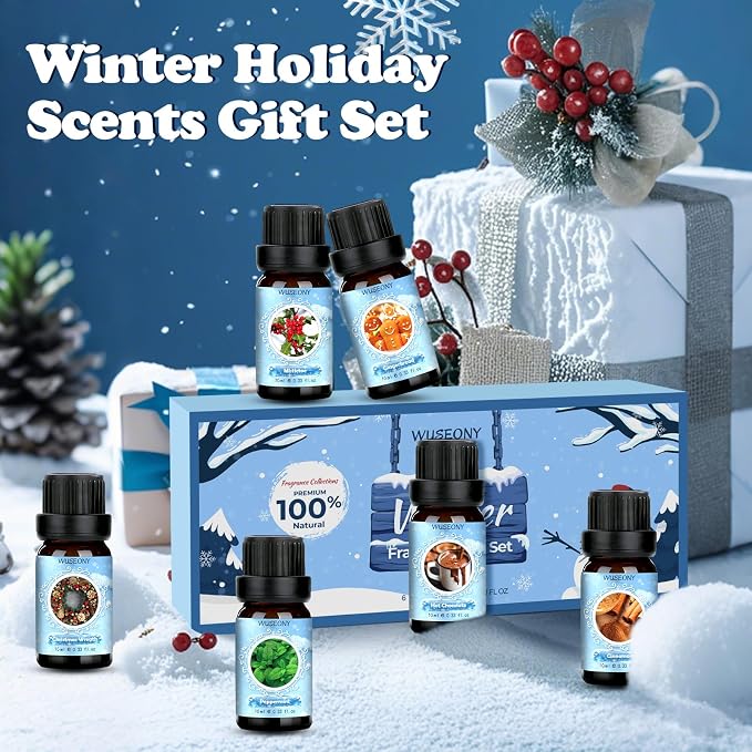 WUSEONY Winter Essential Oil for Diffusers Home, Holiday Fragrance Oils Set, Scented Oil Gift Set for Candle Soap Making - Christmas Wreath, Gingerbread, Mistletoe, Peppermint, Cinnamon, Hot Chocolate
