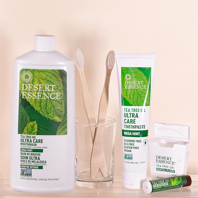 Desert Essence Natural Tea Tree Oil Ultra Care Mouthwash - Mega Mint - 16 Fl Oz - Freshens Breath - Defends Against Sugar Acids - Vitamin C - Soothes Gums - Whitening Floss - Removes Food Debris