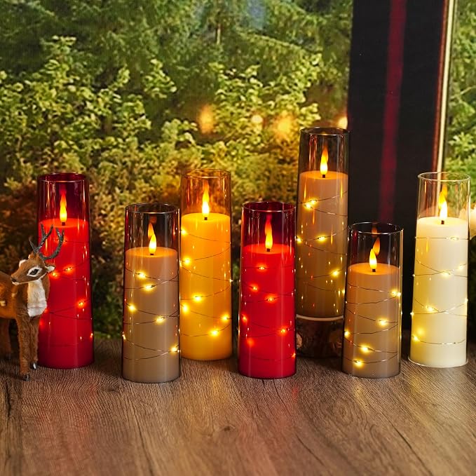 Sasigeiaa Flameless Candles with Embedded Star String - Battery Operated LED Candles, with Remote,12 Red Flickering Candles for Christmas, Weddings, Home Decor & Party,(D 2.3"×H 5" 6" 7")