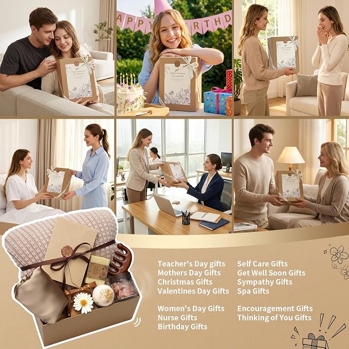 Self Care Gifts Baskets for Women, Spa Care Package for Women, Birthday Gift Get Well Soon Gifts Thinking of You Gift Baskets Summer Home Spa Set with Bonnet & Massgae Comb for Mom Friends, Brown