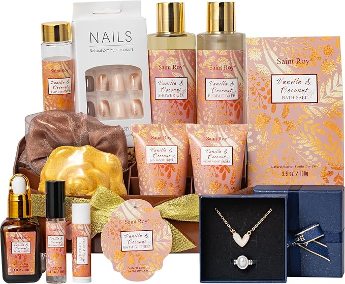 Spa Gift Basket for Women, 16 Pcs Coconut Vanilla Bath and Body Gift Basket Set Face Skin Care Kit Christmas, Valentines Day Gift for Mom, Birthday Gifts for Her, Wife, Mom Makeup Storage