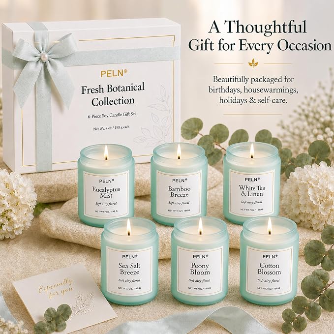 Scented Candles Gift Set, 6 Pack 7 oz Soy Candles for Home, Fresh Botanical Fragrances, Up to 300 Hours Total Burn Time, Candle Gifts for Women, Mom, Housewarming