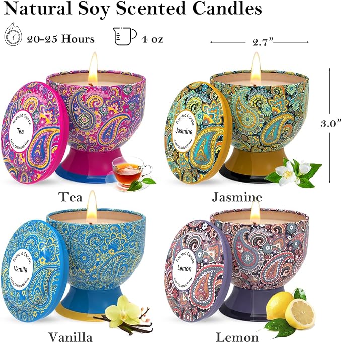 Aromatherapy Candle Stress Relief Gift Set, 4 Packs of 4 Ounces, 100% Soy, Long-Lasting, Suitable for Family fragrances, Holiday Decorations, Weddings (Green Tea, Vanilla, Lemon, Jasmine)
