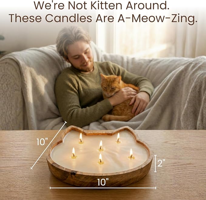 Dough Bowl Candle Co. Pet Odor Eliminator for Home - 10x10 Large Cat-Shaped Odor Absorber, 6 Wick Soy Wax Scented Candles, Pet Deodorizer Aromatherapy Candle with 70H Burn Time for Cat or Dog Smell