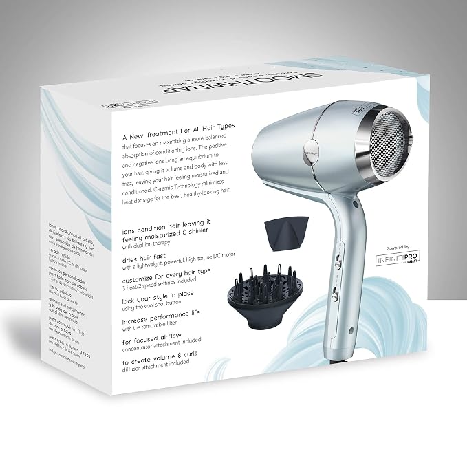 Infiniti PRO CONAIR SmoothWrap Hair Dryer,Blow Dryer with Diffuser and Concentrator Attachments,Advanced Plasma and Ceramic Technology for Less Frizz,More Volume-and Body,Mint,(Pack of 2)