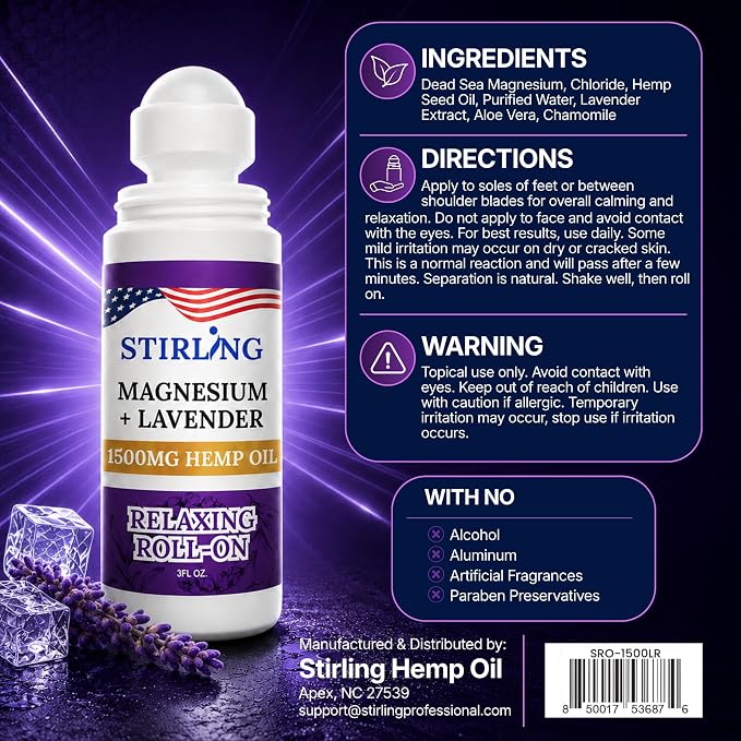 Stirling Lavender Roll On Lotion with Magnesium and Pure Hemp 1500mg – Fast Acting Muscle Relief, Calming Scent for Relaxation & Recovery, Natural Ingredients