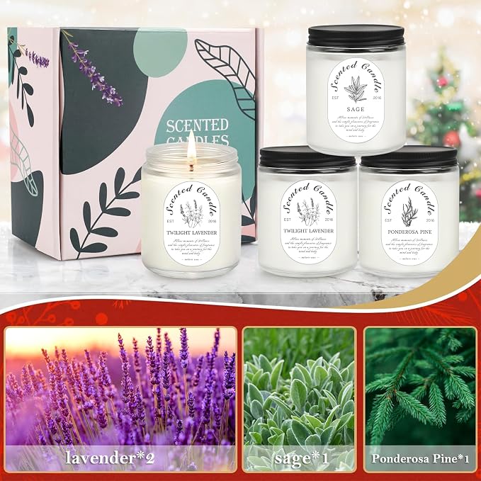 Scented Candle Gift Set, 4 Pack Soy Wax Scented Candles for Home – Lavender, Sage & Ponderosa Pine – Aromatherapy Candles for Relaxation, Stress Relief & Gifts for Women