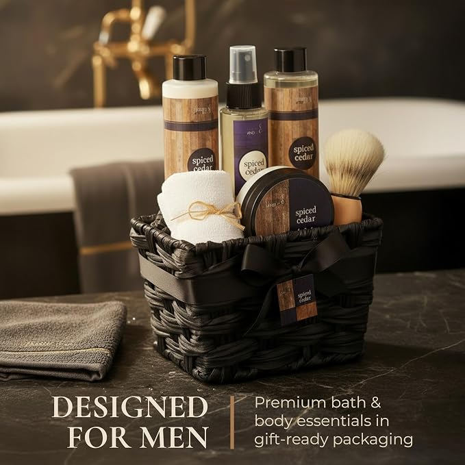 Freida & Joe Spiced Cedar Men's Spa Gift Basket- Self Care Gifts for Him | Shower Gel, Body Lotion, Body Mist, Body Scrub, Beard Brush & Towel
