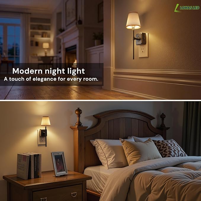 L LOHAS LED Night Light, 2 Pack Night Lights Plug Into Wall with 0-100 LM Dimmable, Premium Fabric Linen Shade Plug in Night Light, 3000K Warm LED Wall Night Light Bedroom, Living Room, Decor