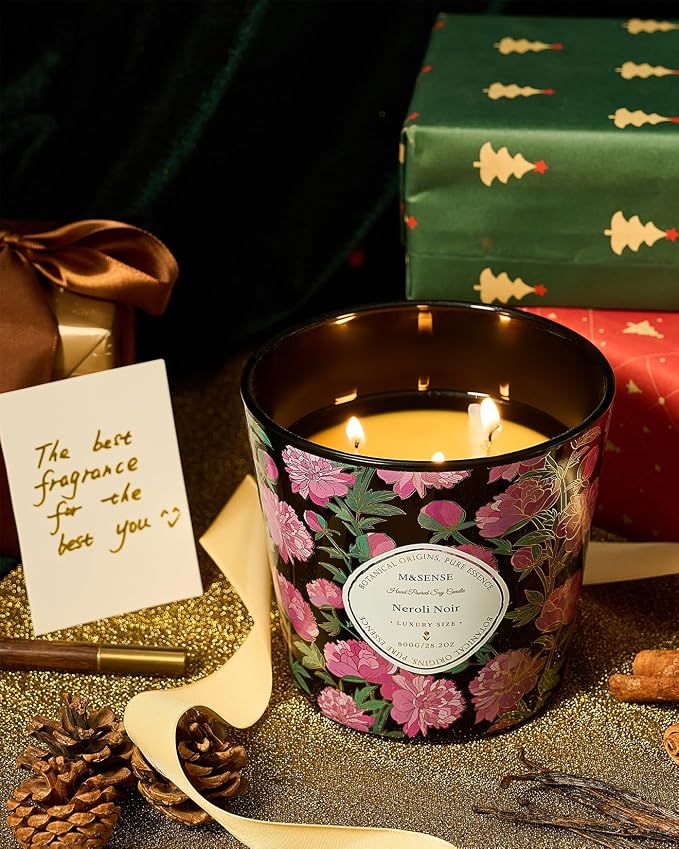 M&SENSE Neroli Noir Scented Candle, 28.2oz 3 Wick Natural Soy Wax Large Candles, Long Lasting Clean Slow Burning No Toxic Décor for Home Relaxation, Romantic Dates & Gift-Giving