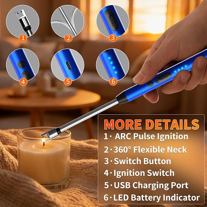 2 Pack Rechargeable Type C Electric Lighters, Blue | Flameless and Windproof, Plasma Arc, 360° Long Reach Flexible Neck, LED Power Display, For Candles, BBQ Grill & Camping